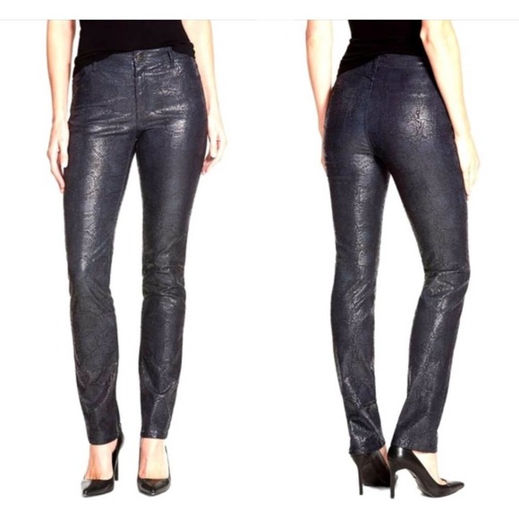 Lafayette 148 New York Navy Coated Metallic Snake Embossed Straight Jeans - 14 - Picture 1 of 7